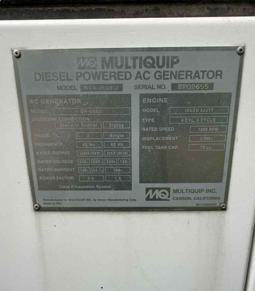 Multiquip DCA45USI2 Trailer Mounted Diesel Generator - Tier 3